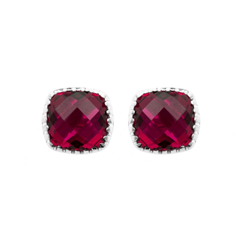 Boucles d'Oreilles Clous Carré Rouge Argent Rhodié