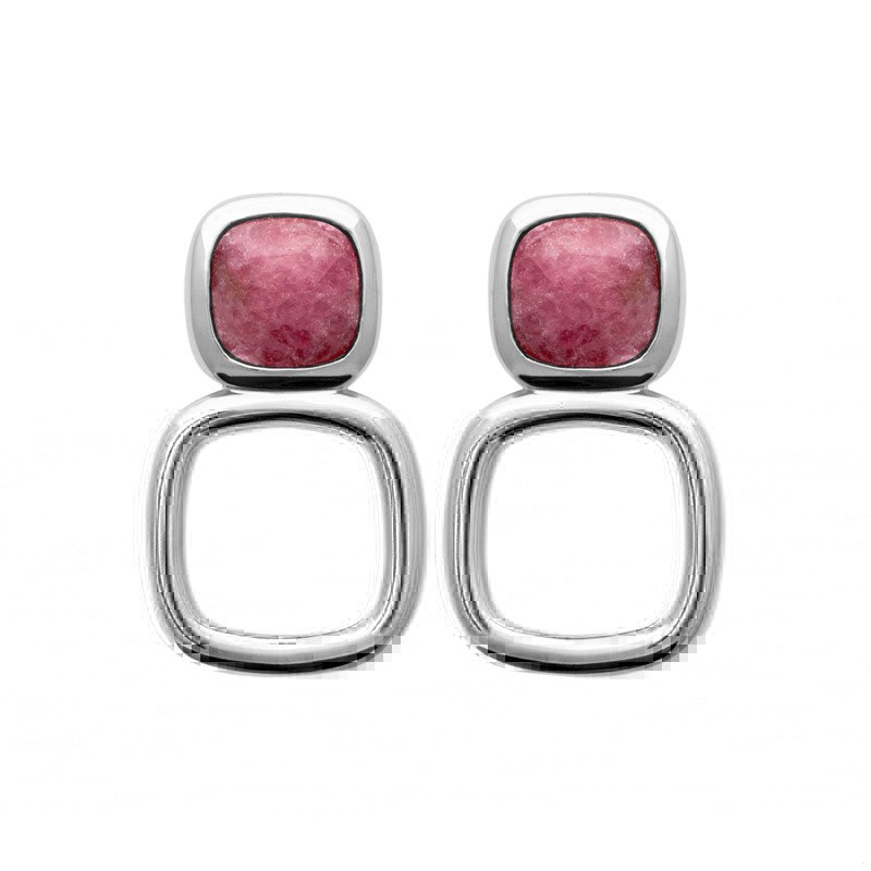 Boucles d'Oreilles Carrées Rhodonite et Argent Rhodié