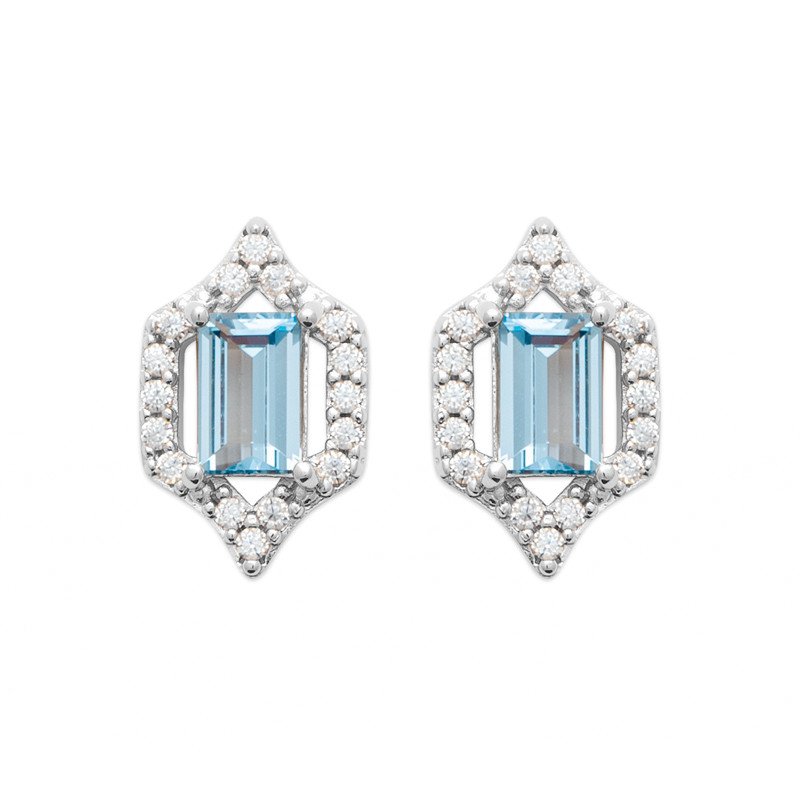 Boucles d'Oreilles Hexagonales Argent Rhodié Oxydes et Pierre Bleue